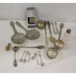 Silver napkin ring boxed, pair of white metal Dutch style pierced spoons and three epns napkin