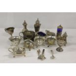 Set of three circular pedestal salts, a silver mustard with blue glass liners and various other e.p.