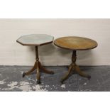 Reproduction octagonal occasional table, inset glass top on brass capped quadruped supports.