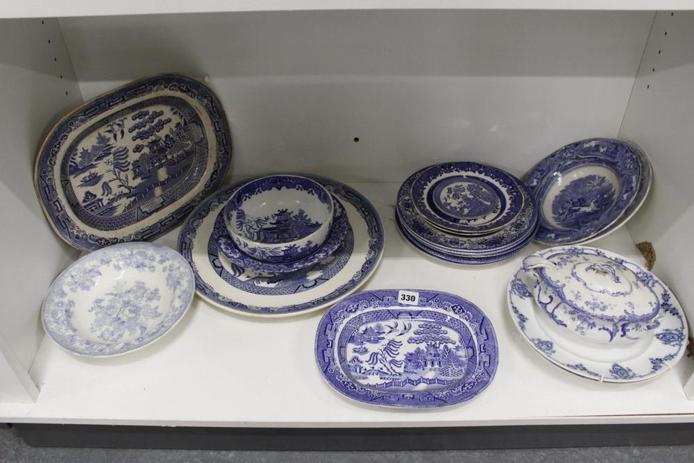 Collection of blue and white willow pattern and other china