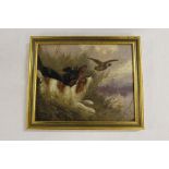 Victorian SchoolTwo Spaniels flushing a duckOil on board. 19cm x 24cm