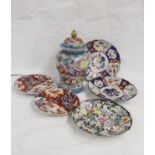 Modern Oriental ginger jar and cover, four Imari plates and another floral decorated (6)