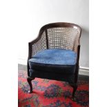 Bergere tub armchair, loose upholstered cushion and cabriole supports.