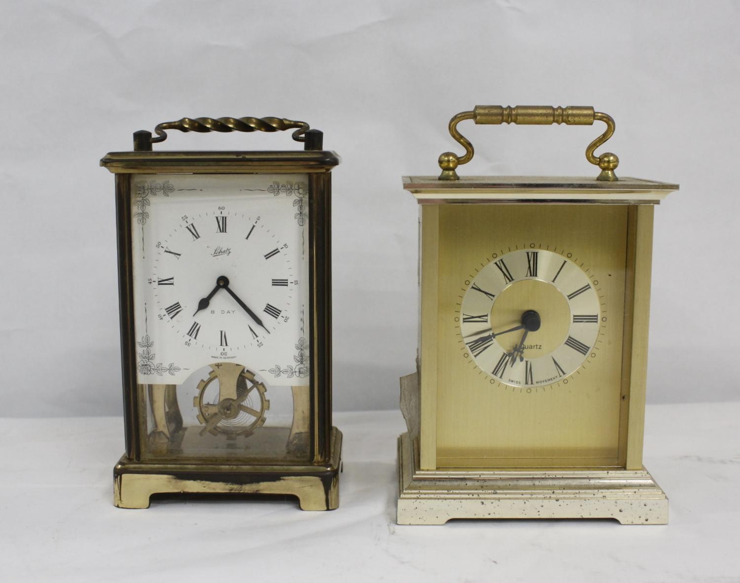 Schatz German 8 day carriage style mantel clock and another (2)