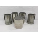 Two pewter beakers, two pewter mugs and a half litre stoneware mug with pewter cover (5)