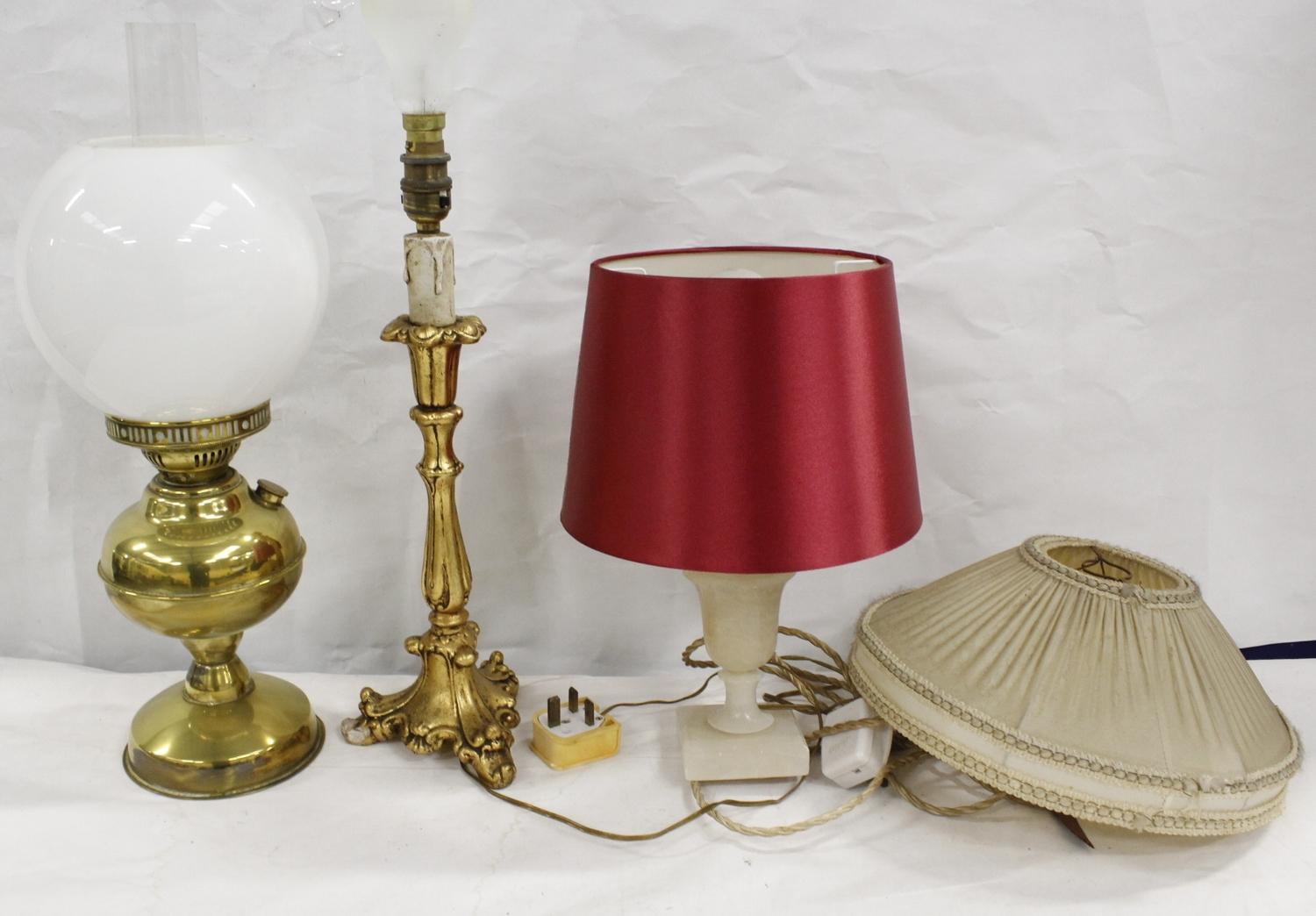 Brass oil lamp and two table lamps (electrical re wiring required). (3)