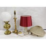 Brass oil lamp and two table lamps (electrical re wiring required). (3)