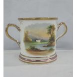 Early 19th century twin handled mug with polychrome landscape panel and poetical inscription for the