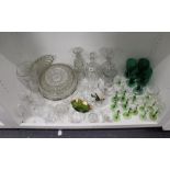 Collection of glassware to include green glass goblets, decanters etc