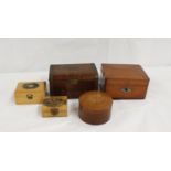 Two Mauchline ware boxes, wooden music box, money box, key box and an oak circular box. (7)