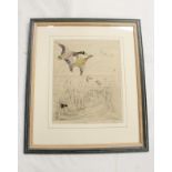 George Vernon Stokes, Duck flying over marshland, hand coloured etching. Signed in pencil 52/75.