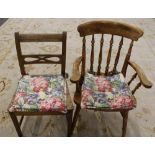 19th century country solid seat chair and a spindle back carver chair (2)