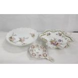 Continental porcelain floral decorated dish of lobed form, Dresden porcelain strainer and a