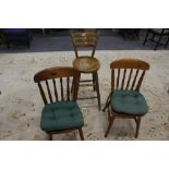 Pair of pine kitchen chairs and a bar seat (3)