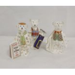 Three Royal Crown Derby teddy bear figures, Newspaper seller bear, Christmas 2102 and Ryder Cup 2014