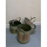 Two brass jam pans and two coal buckets (4)