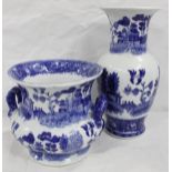 Victoria ware reproduction blue and white Willow pattern vase and a matching jardiniere (2)