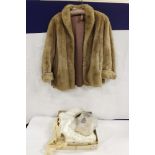 Vintage white fur stole, a lady's fur jacket and three ladys` evening purses