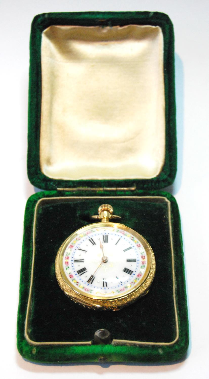 Geneva cylinder watch with gold and floral enamel dial in engraved open face case, 'K.18', 39mm. - Image 3 of 3