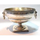Silver circular bowl with lion's mask and ring handles, on square foot, Sheffield 1912, 16oz.