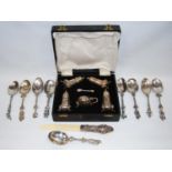 Nine Dutch 19th century spoons with typical cast openwork stems, some later inscribed and