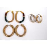 Pair of 9ct gold enamelled hoop earrings, and two other pairs, 16g.