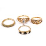 Gem ring in gold pierced mount, '14k' (4g), and three others, 9ct (5g).  (4)