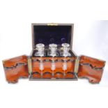 Victorian 'Chapman's Patent' decanter box, no. 191, the three square decanters and six glasses (of