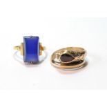 Victorian gold serpent ring with garnet head, a blue chalcedony ring, both '9ct', both size M, gross