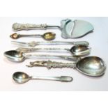 Silver mustard spoon by George Jensen, Import Marks 1928, and six other items.