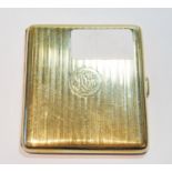 9ct gold cigarette case, monogrammed and engine turned with stripes, Birmingham 1918, 105g.