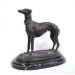 After Pierre-Jules Mêne (French, 1810 – 1879) Bronze figure of a greyhound raised on a plinth base,