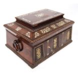 Victorian rosewood work box, the stepped beaded lid enclosing a fitted interior, panelled trunk with