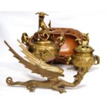 Chinese brass two-handled incense burner and cover with Buddhist lion finial and dragon handles, a