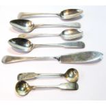 Pair of silver salt spoons by Hinchsliffe, Dumfries, c. 1830, fourteen teaspoons, various, and a