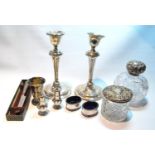 Pair of table candlesticks, a perfume bottle, four condiments, and various other items (mostly a/f).