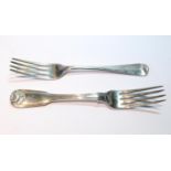 Set of four silver table forks, fiddle thread and shell, by W. Chawner, 1822/8, and another,
