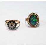 Opal doublet ring, and another, green and white sapphires, both 9ct gold, both size Q, 8g gross.  (