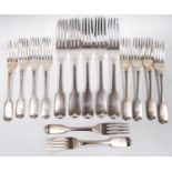 Eight silver fiddle pattern dessert forks, Exeter 1853, and Edinburgh 1850, and five table forks,
