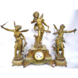 Late 19th century French clock and garnitures mounted by nymphs, marble plinth, enamelled circular