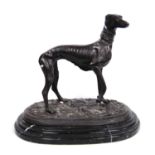 After Pierre-Jules Mêne (French, 1810 – 1879)Bronze figure of a greyhound, raised on a plinth