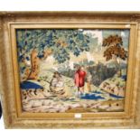 Framed 19th century needlepoint and silk picture depicting mother and children with a gentleman in