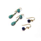 Pair of Victorian turquoise double cluster drop earrings, and another pair, lapis.  (4)