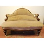 Victorian parlour seat with arched moulded frame, stuff-over back, serpentine seat, raised on fluted