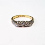 Diamond three-stone ring, '18ct plat', size N, 3g.