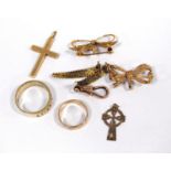 Gold pierced band ring, another, a pair of earrings, and other items.