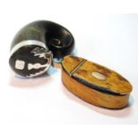 Snuff mull with silver mounts, initialled, and a Georgian oval snuff box, tortoiseshell covered,