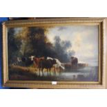 19th Century British School Cattle by the waterside Oil on canvas over panel, 46cm x 77cm.