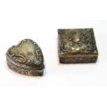 Silver embossed small box of heart shape (lid detached) Birmingham 1900, and another with '