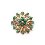 Gold circular brooch with pearls, and turquoise, '9ct', 5.6g.